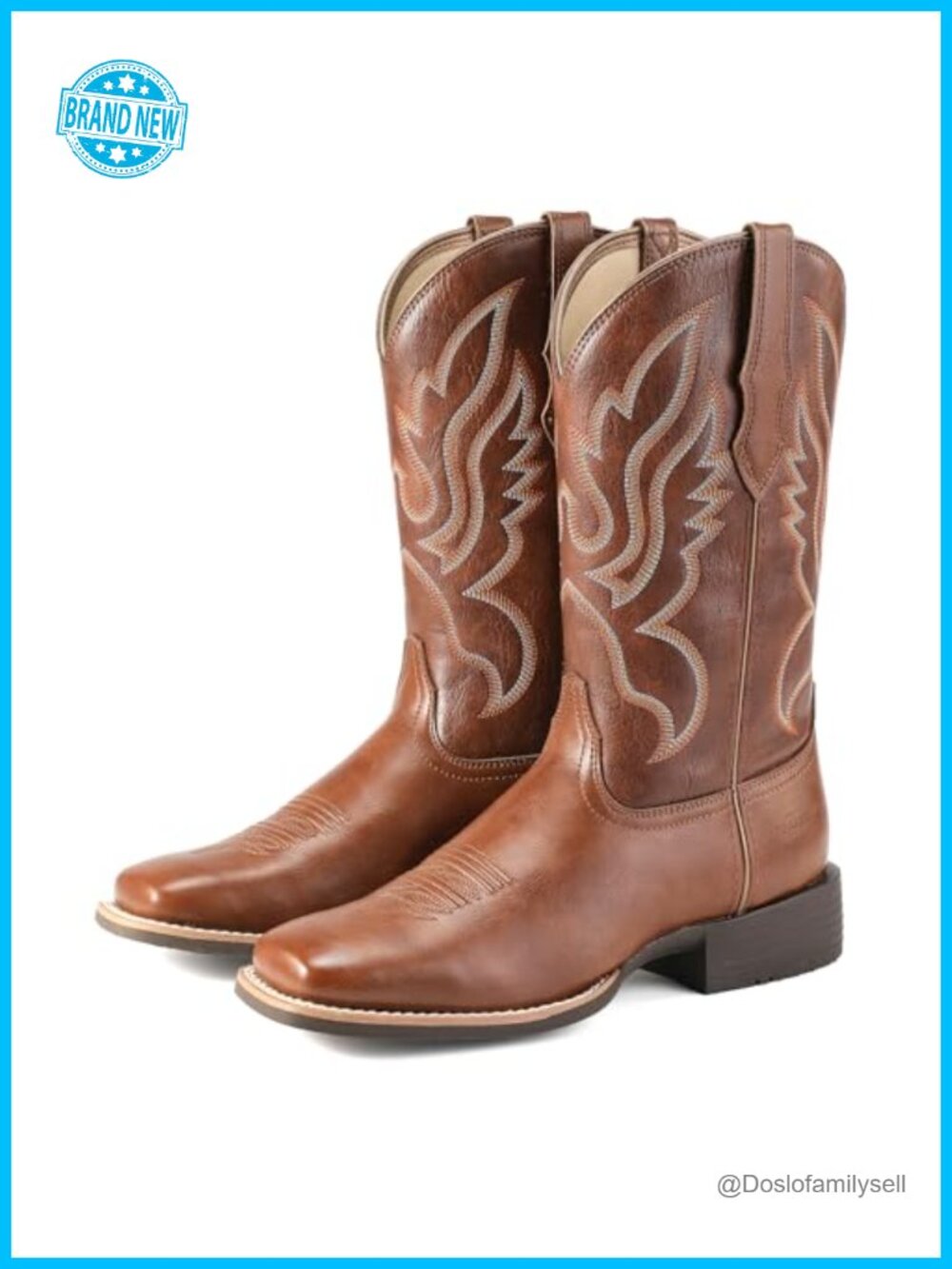 Western Cowboy Boots Square Toe Mid Calf Faux Leather Pull On Chunky Heel
